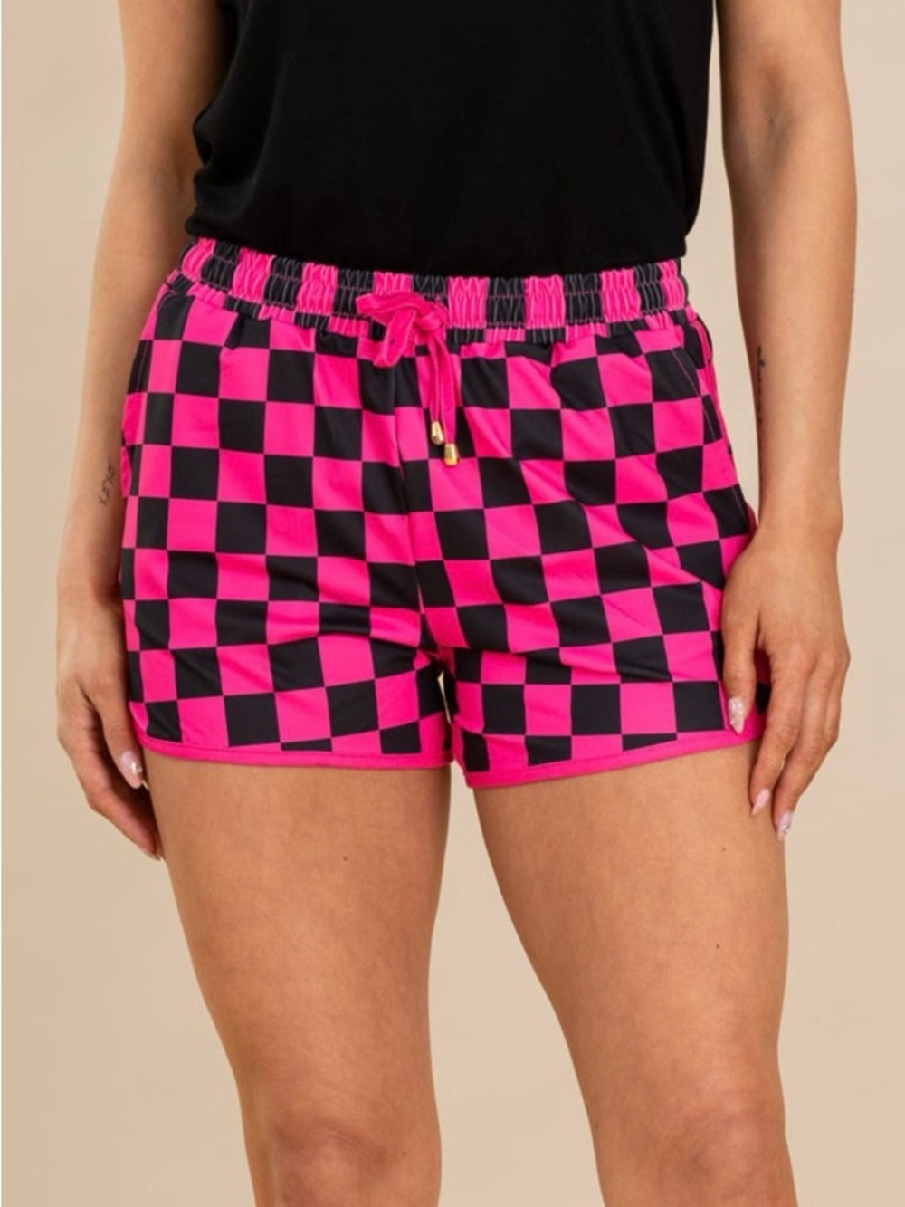 Jess Lea everyday short!         Hot Pink & Black Checkerboard Drawstring Shorts